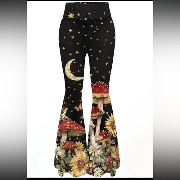 Celestial Black Flare Pants with Mushroom and Floral Art - Picture 2 of 10